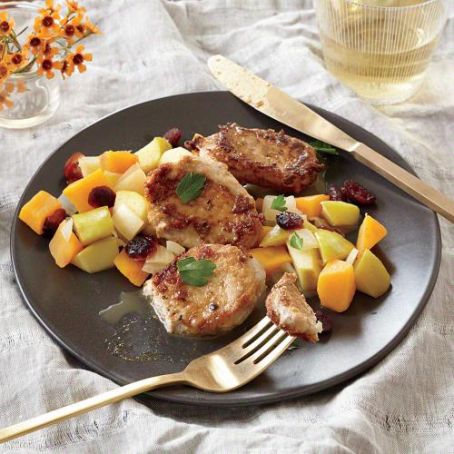 Pork Cutlets with Butternut Squash,  Apple, and Cranberry Sauté