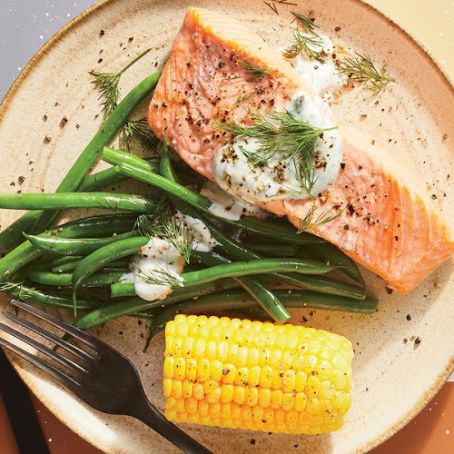 Steamed Salmon & Corn with Dill Yogurt
