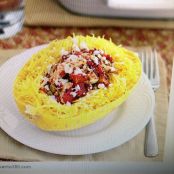 Stuffed Spaghetti Squash with Tomatoes, Olives and Chicken ~ Heat Oven to 350
