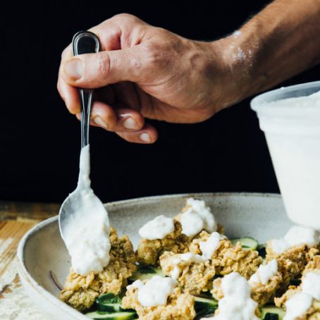 Fried Oysters with Cucumbers and Pickled Pepper Mayonnaise