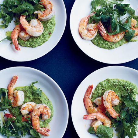 Pan-Fried Shrimp with Lemony Pea Pesto