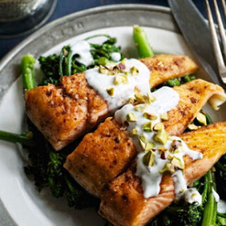 Pan-Fried Arctic Char with Garam Masala, Broccolini and Yogurt Sauce