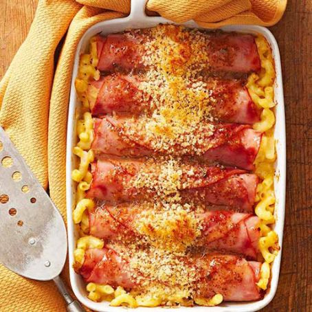 MAPLE MUSTARD HAM ROLLS WITH MAC & CHEESE