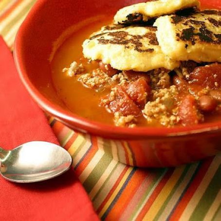 Turkey Chipotle Chili with Pepper Jack Cheese Corn Cake Toppers