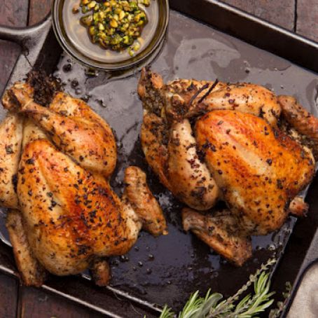 Chicken: Roast Chicken with Pistachio Salsa, Peppers and Corn
