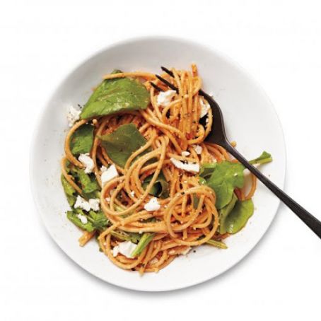 Peppadew Pesto Spaghetti with Feta and Arugula
