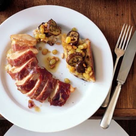 Prosciutto-Wrapped Chicken Breasts with Eggplant Panzanella and Raisin-Pine Nut Vinaigrette