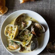 CLAMS: Drunken Clams with Sausage + Grilled Garlic Toast