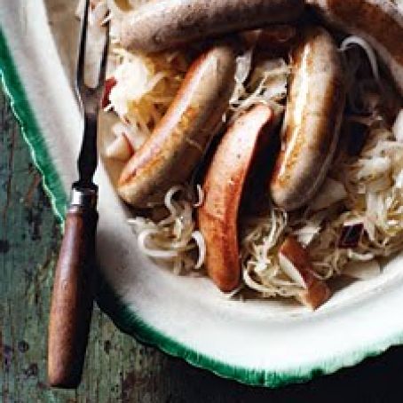 German Sausages with Apple, Sauerkraut and Onion