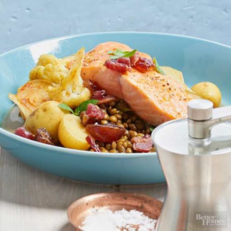 Salmon with Lentil Hash and Bacon