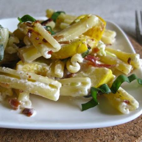 Squash, Bacon, and Goat Cheese Pasta with Basil