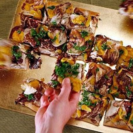 Pissaladière with spiced ricotta, radicchio and poached apricots