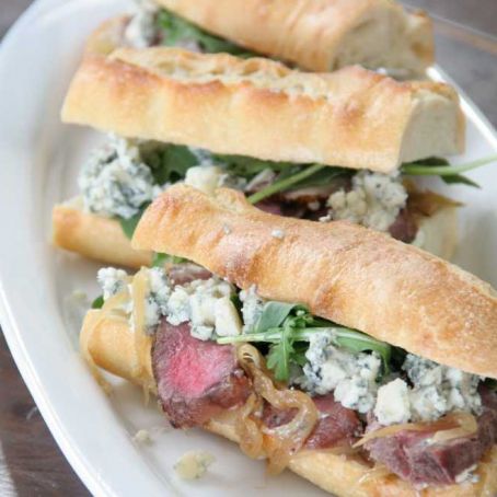 Bay Blue + Steak Sandwiches with Caramelized Onions & Arugula