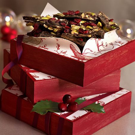 Dark Chocolate Bark with Pistachios, Sweetened Dried Cherries, and Pumpkin Seeds