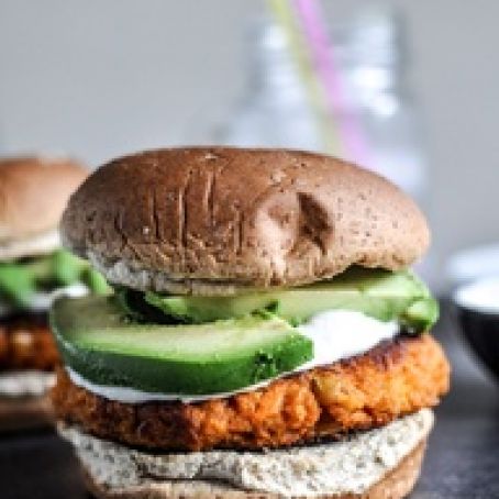 Smoky Sweet Potato Burgers with Roasted Garlic Cream and Avocado