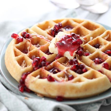 Coconut Waffles with Pomegranate Syrup