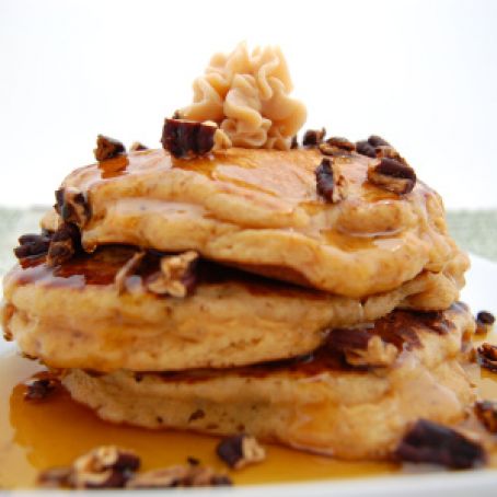 Roasted Sweet Potato Buttermilk Hotcakes with Sorghum, Crushed Pecans and Soft Cream