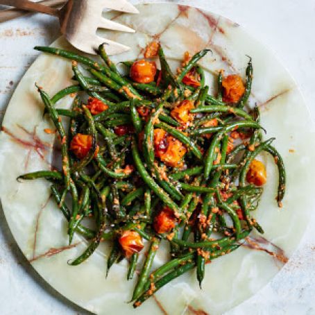 Blistered Green Beans with Tomato-Almond Pesto