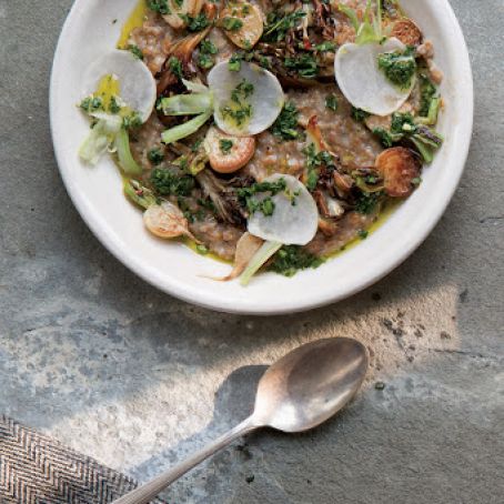 Cracked-Wheat Porridge with Hen of the Woods Mushrooms and Turnip-Top Salsa