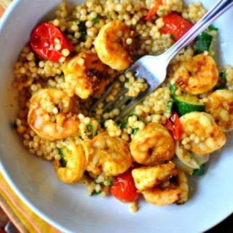 North African Spiced Shrimp + Roasted Summer Vegetable Israeli Couscous