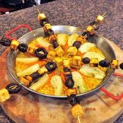 Paella with Fennel and Seitan Sausages, Tofu and Mushroom Shish Kabob