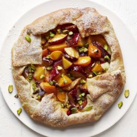 APRICOT-PLUM GALETTE WITH CREAM CHEESE AND PISTACHIOS