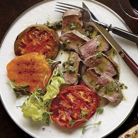 Grilled Denver Steak and Tomatoes with Caper-Mustard Vinaigrette