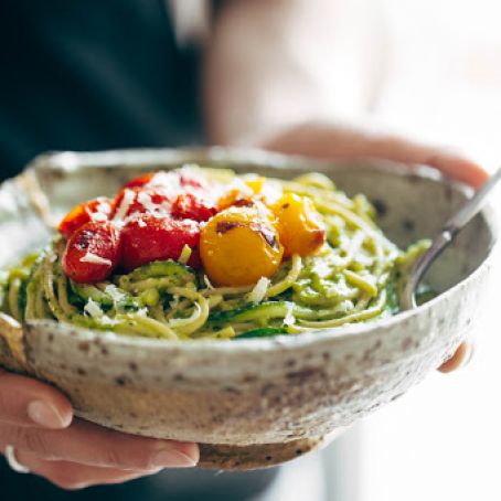 Burst Tomato and Zucchini spaghetti with avocado sauce