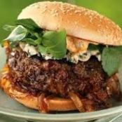 Andouille and Beef Burgers with Spicy Mayo and Caramelized Onions