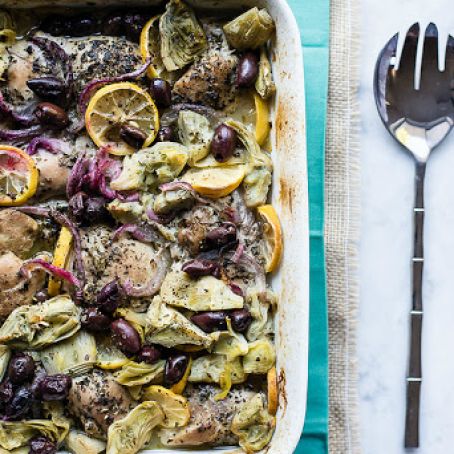 Chicken thighs, artichoke, lemon and kalamata bake