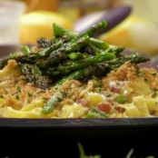 Carbonara-Style Tagliatelle with Grilled Asparagus and Lemon-Herb Breadcrumbs