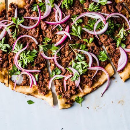 Spicy Lamb Pizza with Parsley–Red Onion Salad
