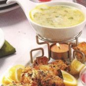 Piccata Fondue with Panko-Crusted Chicken Dippers