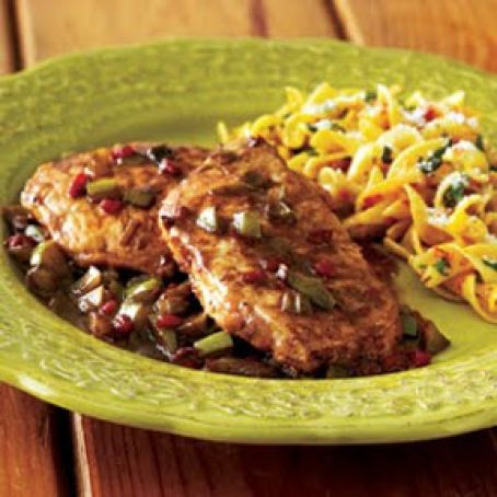 Pork Scaloppoini, Balsamic,  and  Tomato-buttered Noodles