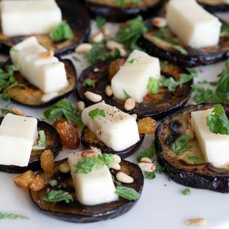 Meatless Monday: grilled eggplant/aubergine with feta, golden raisins and mint