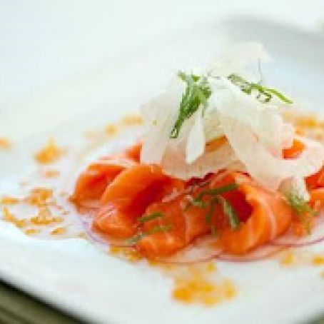 King Salmon belly crudo recipe, radish and fennel slices, mandarin gastrique