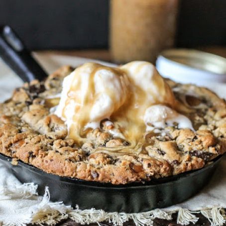 Salted Caramel Filled Dark Chocolate Chunk Skillet Cookie