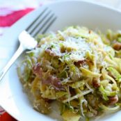 Spaghetti with Bacon, Brussels Sprouts and Artichokes