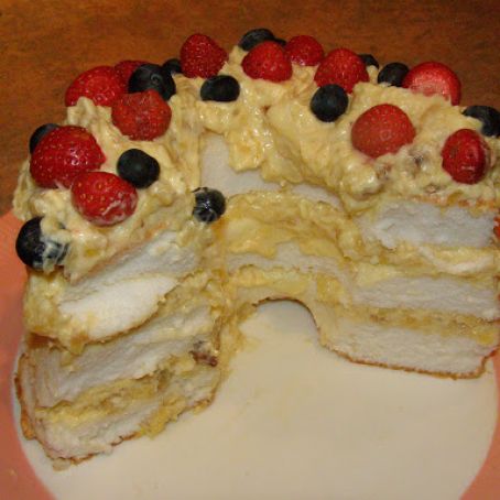 Angel Food Cake w/walnuts & fruit