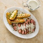 Steak with Lemon Parsley Potato Wedges and Blue Cheese Sauce