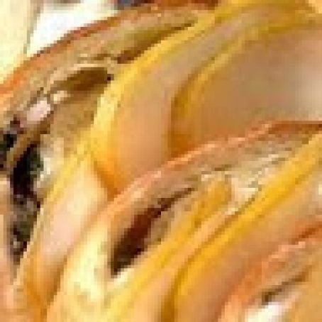 Pork Chops in Creamy Champagne Sauce and Raisin Bread with Mascarpone and Pears