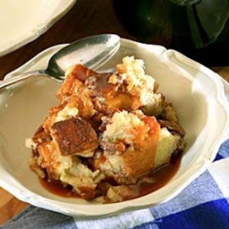 White chocolate bread pudding with caramel sauce