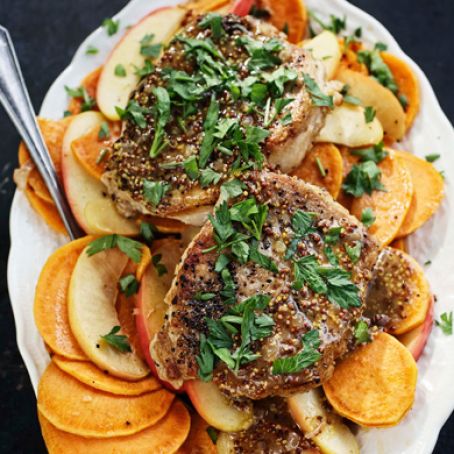 Sautéed Pork Chops with Sweet Potato, Apples and Mustard Sauce