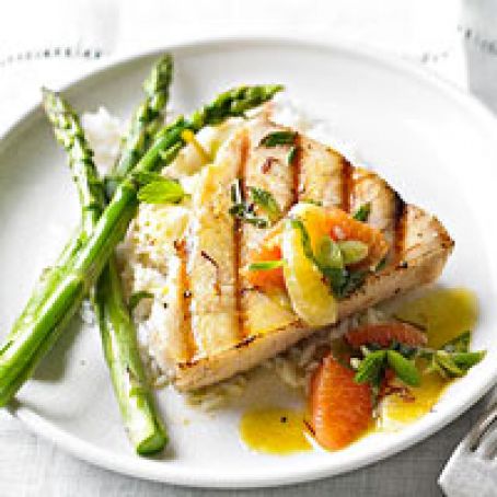 Grilled Swordfish with Citrus, Saffron, and Mint