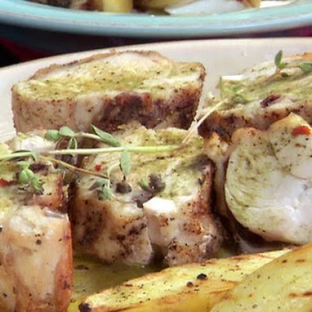 Grilled Chicken with Roasted Garlic-Oregano Vinaigrette and Grilled Fingerling Potatoes