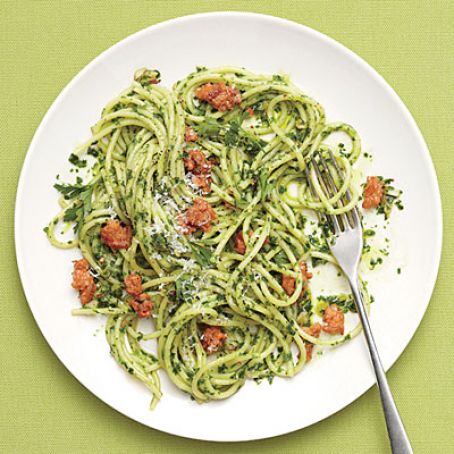 Spaghetti with Parsley Pesto and Sausage