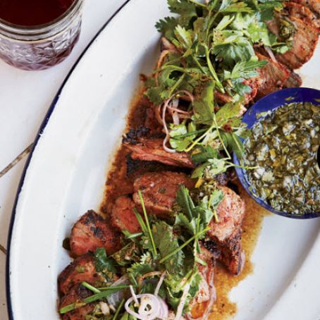 Coffee-Rubbed Strip Steaks with Chimichurri Sauce