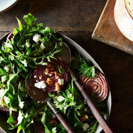 Roasted Onion Salad with Arugula and Walnut Salsa