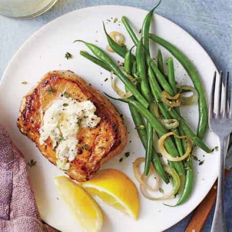 Pork Chops with Herbed Goat Cheese Butter & Green Beans