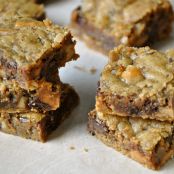 Brown Butter Blondies with Macadamia Nuts, Caramel, and Dark Chocolate